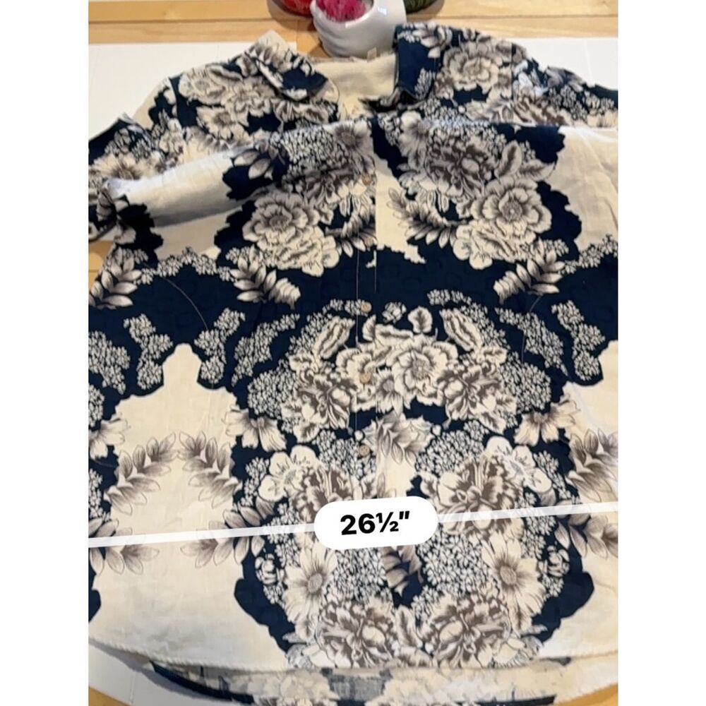 Soft Surroundings Floral Tunic Top XL Blue Cream Button Front Boho Blouse - Picture 8 of 12